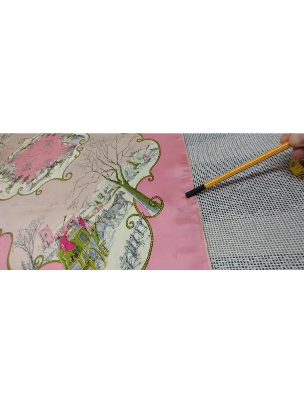 40s 50s Silk Pink Scarf CHRISTMAS WINTER SCENES Victorian Carriage Chartreuse